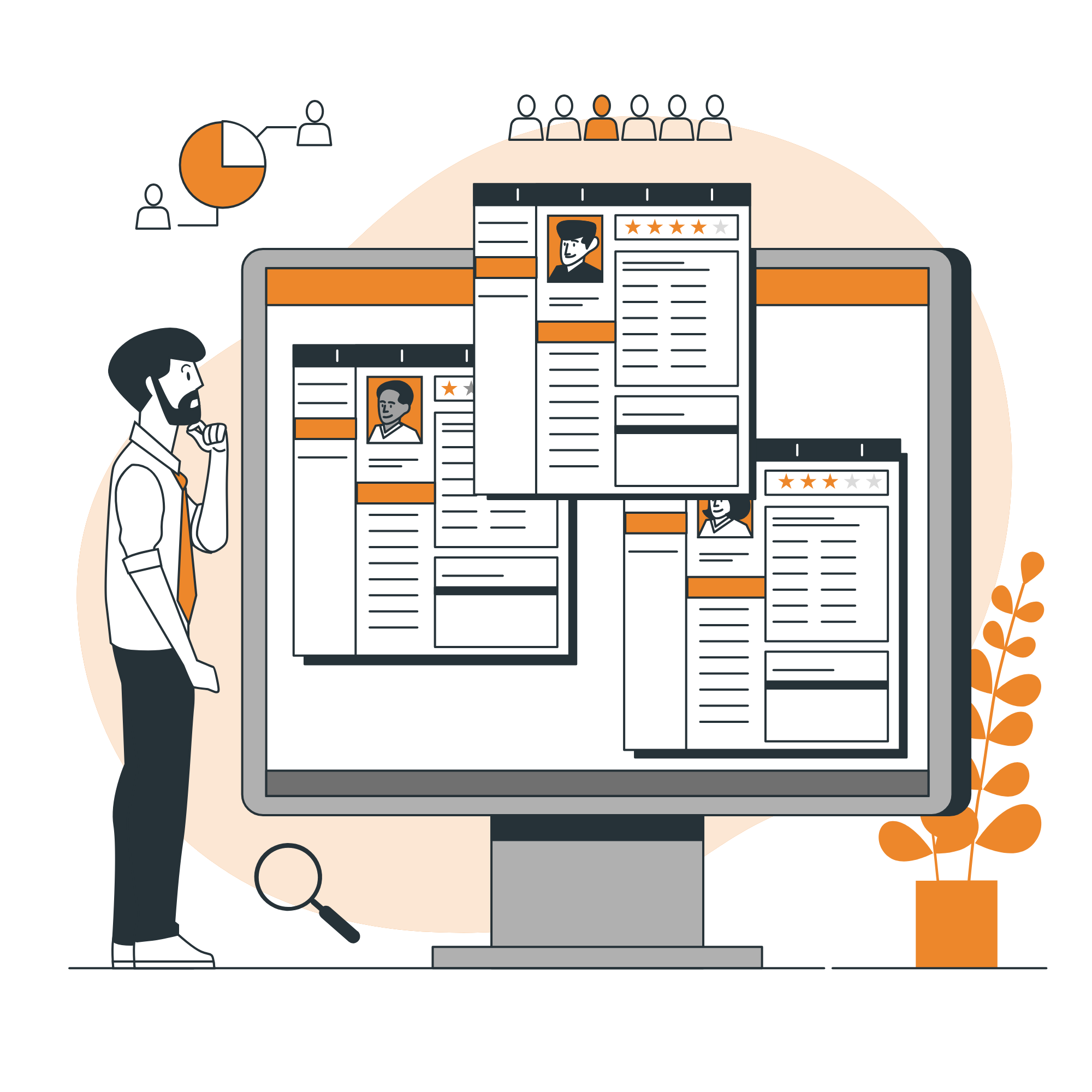 Illustration showing multiple contractor profiles being reviewed and compared for contract staffing selection.